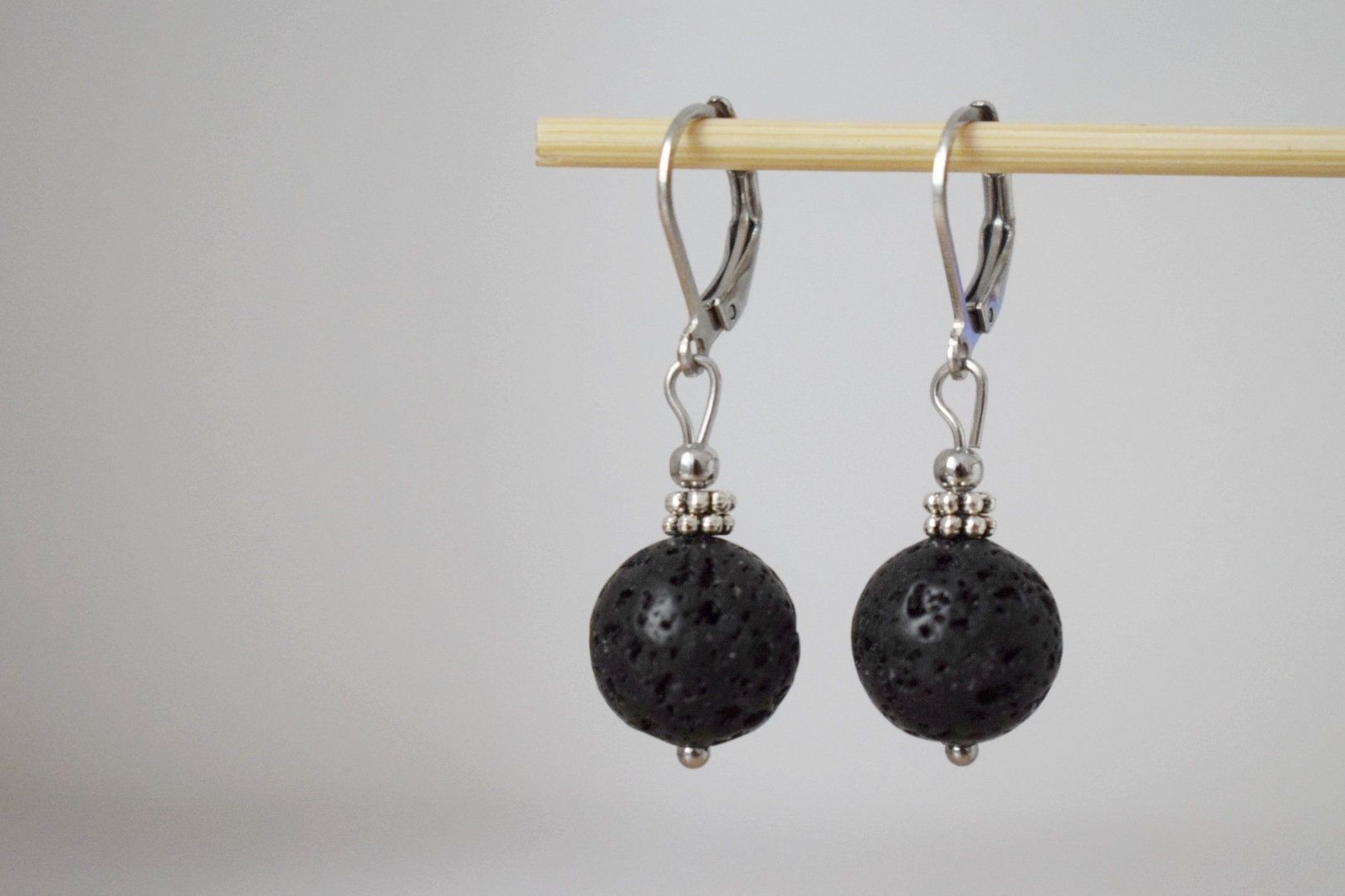Lava stone bead earrings, Black gemstone huggie hoops, Lava rock, Diffuser Jewelry, Lever back, Stainless steel, Essential oil, Gift for her