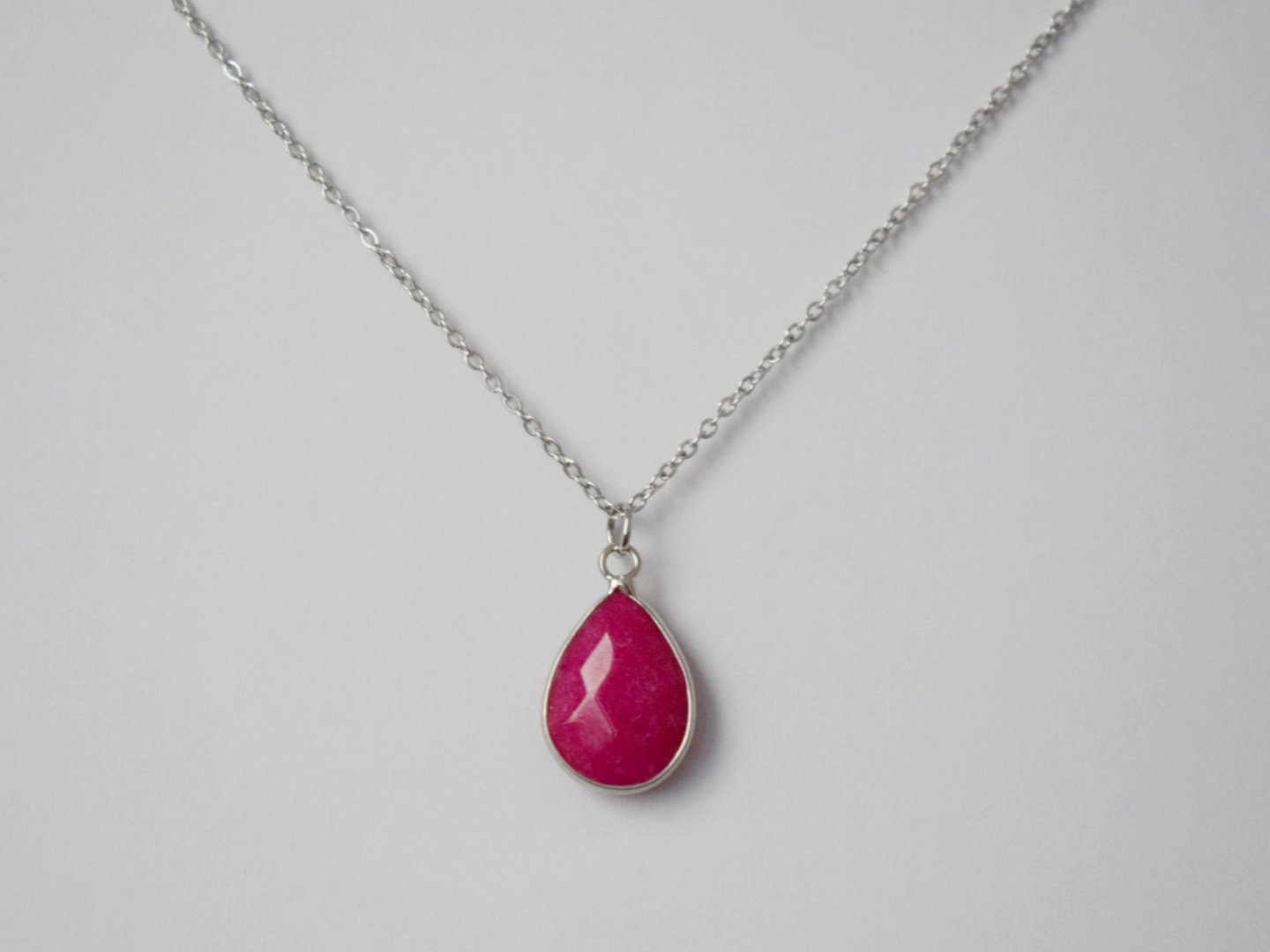 Pink Jade Teardrop Necklace, Camellia Color, Gemstone Drop Pendant, Faceted Stone, Statement Jewelry, Stainless steel, Handmade Gift for her