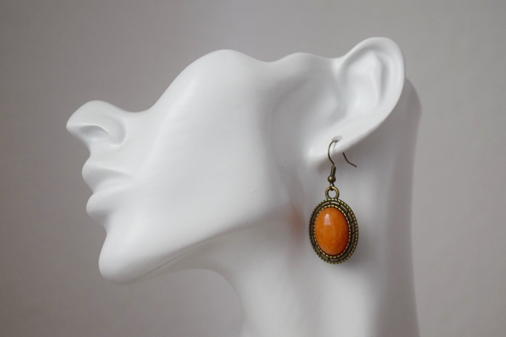 Vintage Orange Jade Dangle Earrings: Bronze Filigree Pendant