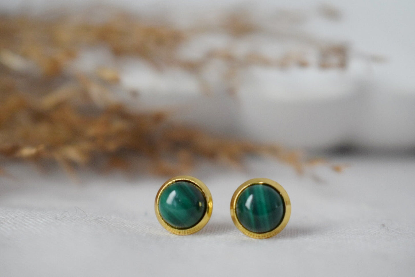 Mini Malachite Stud Earrings: Natural stone, 18k Gold Plated, Green Gemstone Jewelry