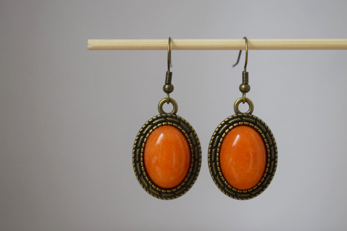 Vintage Orange Jade Dangle Earrings: Bronze Filigree Pendant