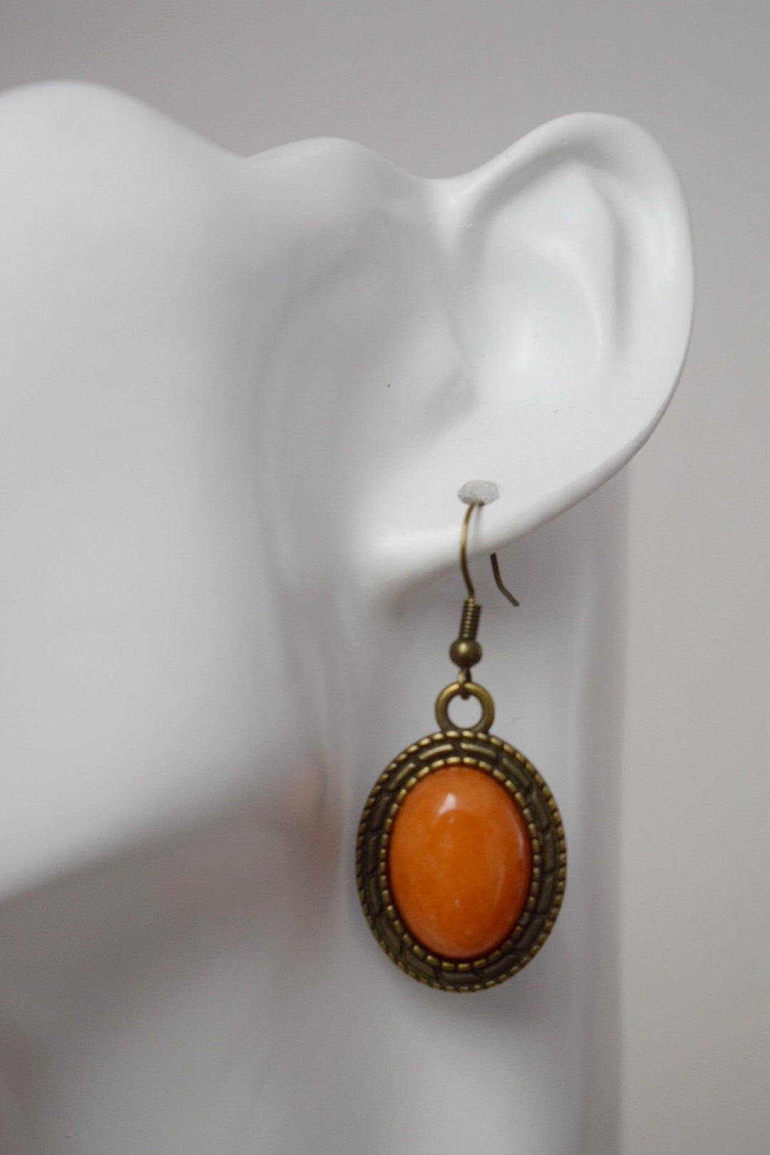 Vintage Orange Jade Dangle Earrings: Bronze Filigree Pendant
