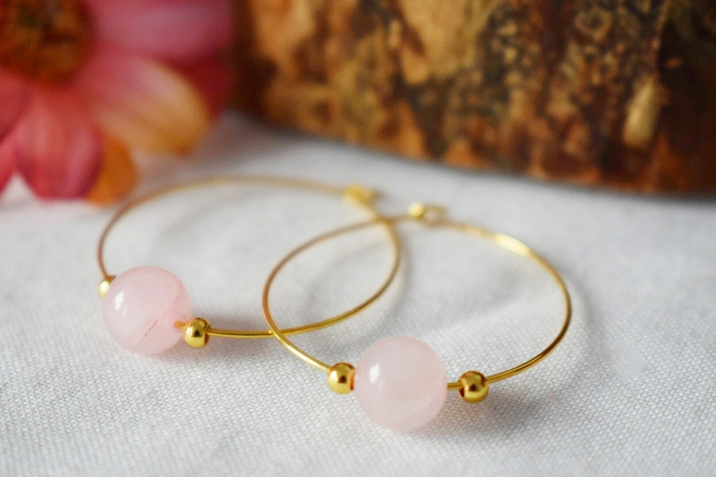 Rosenquarz Creolen, 18 Karat vergoldete chirurgische Edelstahl Creolen, Edelsteinperlen Schmuck, Geschenk für sie, Bestes Valentinstagsgeschenk