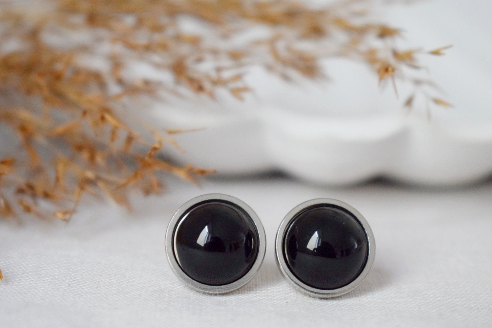 Black agate studs, Gemstone gothic jewelry, post back earrings, gift for her