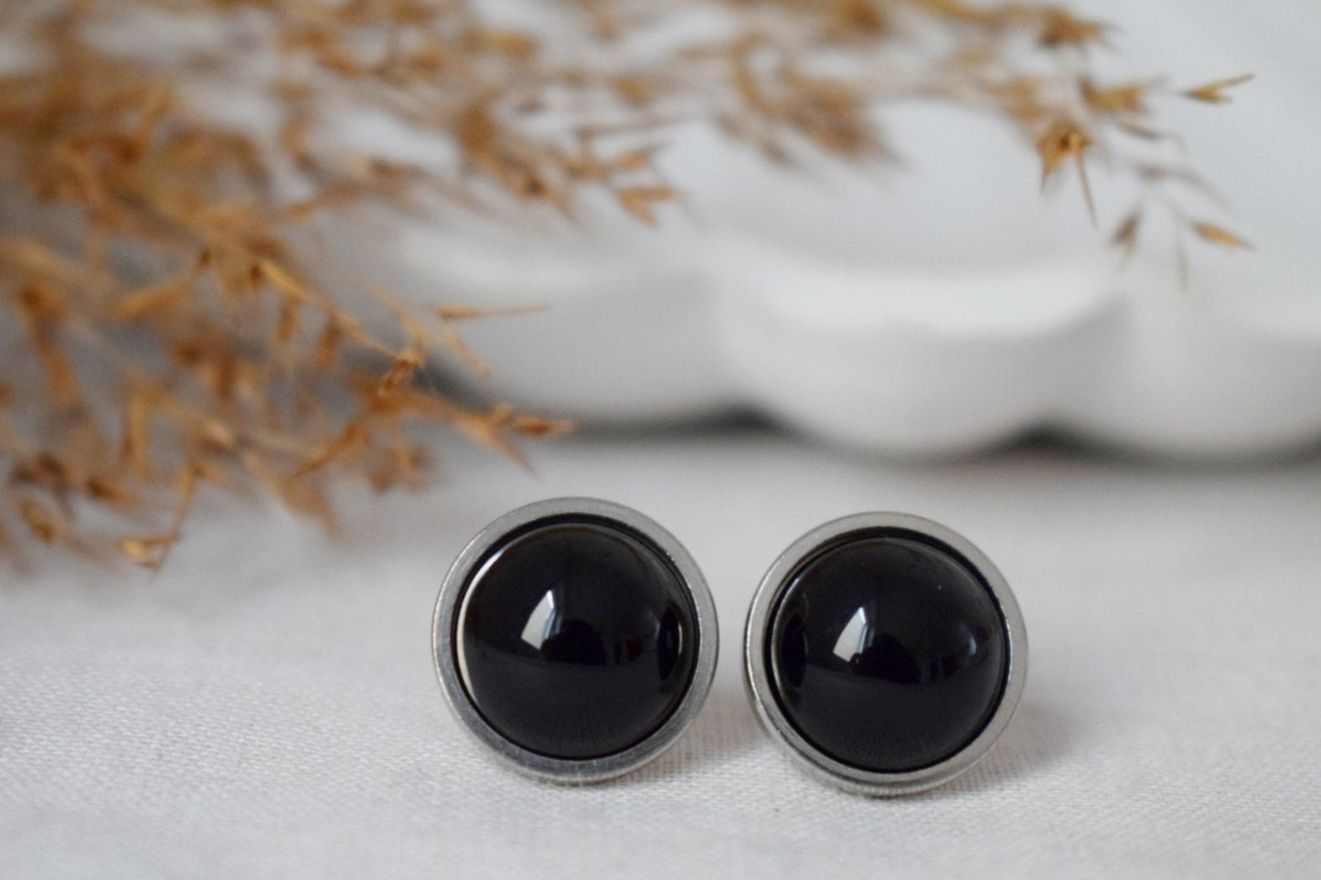 Black agate studs, Gemstone gothic jewelry, post back earrings, gift for her