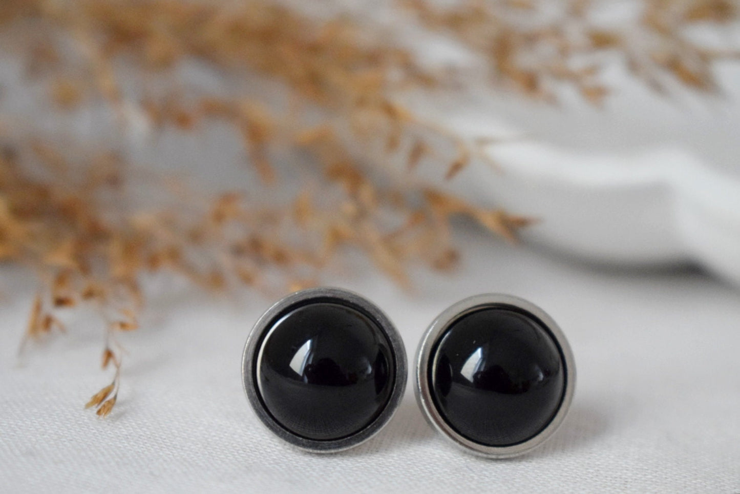 Black agate studs, Gemstone gothic jewelry, post back earrings, gift for her