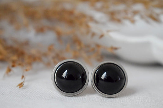 Schwarze Achat Ohrstecker, runder Edelstein, Unisex Push Back Ohrringe, Gothic Schmuck, Post Back Ohrringe, Geschenk für Sie