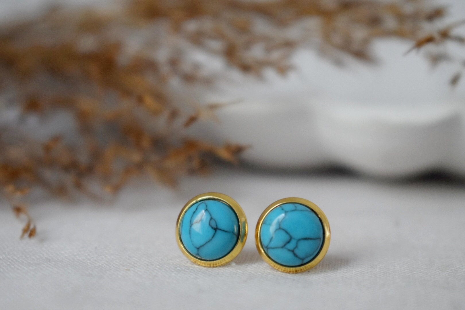 Small Turquoise Stud Earrings: 18k Gold Plated Stainless Steel