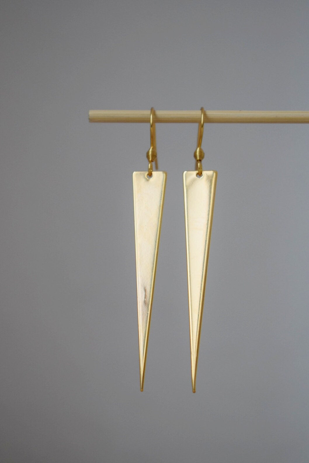 Gold Plated Triangle Dangle Earrings: Geometric Drop Jewelry