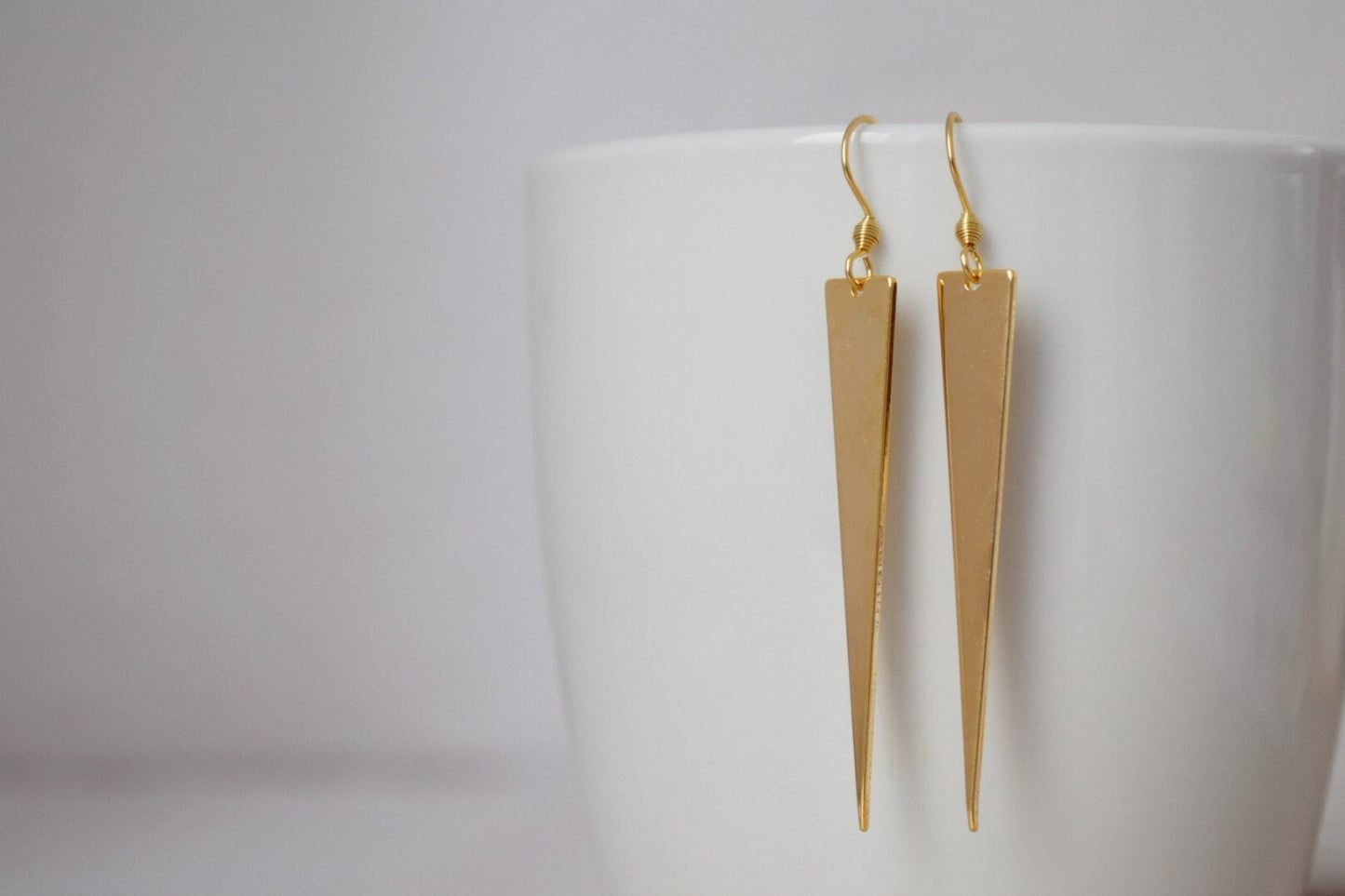 Gold Plated Triangle Dangle Earrings: Geometric Drop Jewelry