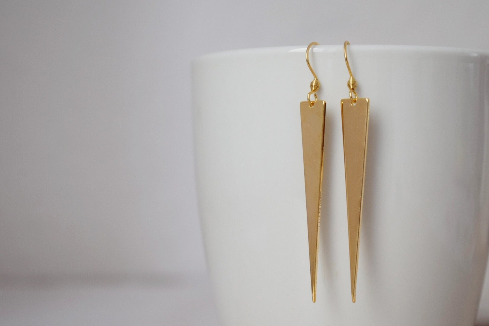 Gold Plated Triangle Dangle Earrings: Geometric Drop Jewelry