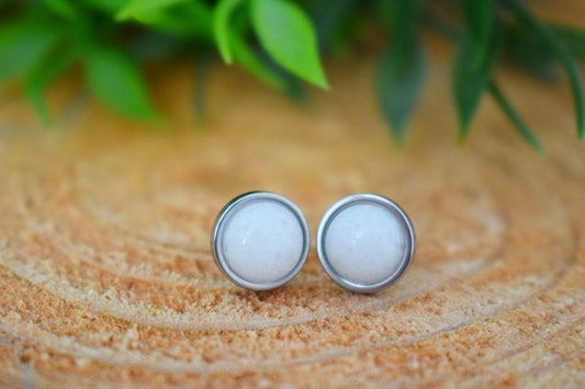 White jade stud earrings, Small round gemstone push-back earrings, Stainless steel post earrings, Minimalist jewelry, gift for her