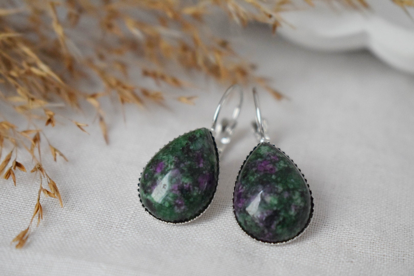 Ruby In Zoisite Earrings, Green Teardrop Gemstone Jewelry