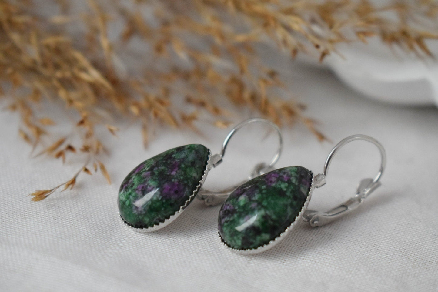 Ruby In Zoisite Earrings, Green Teardrop Gemstone Jewelry
