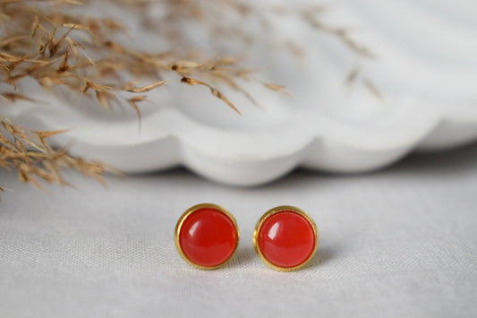 Red Jade Stud Earrings, 18k Gold Plated, Minimalist Jewelry