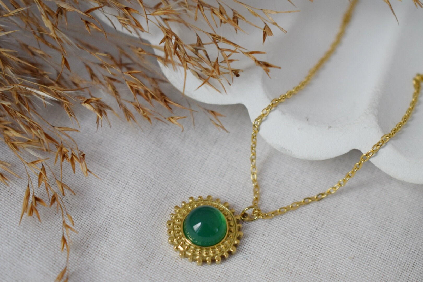 Green Agate Necklace: 14k Gold Plated Sun Pendant, Gemstone Jewelry, Gift For Her