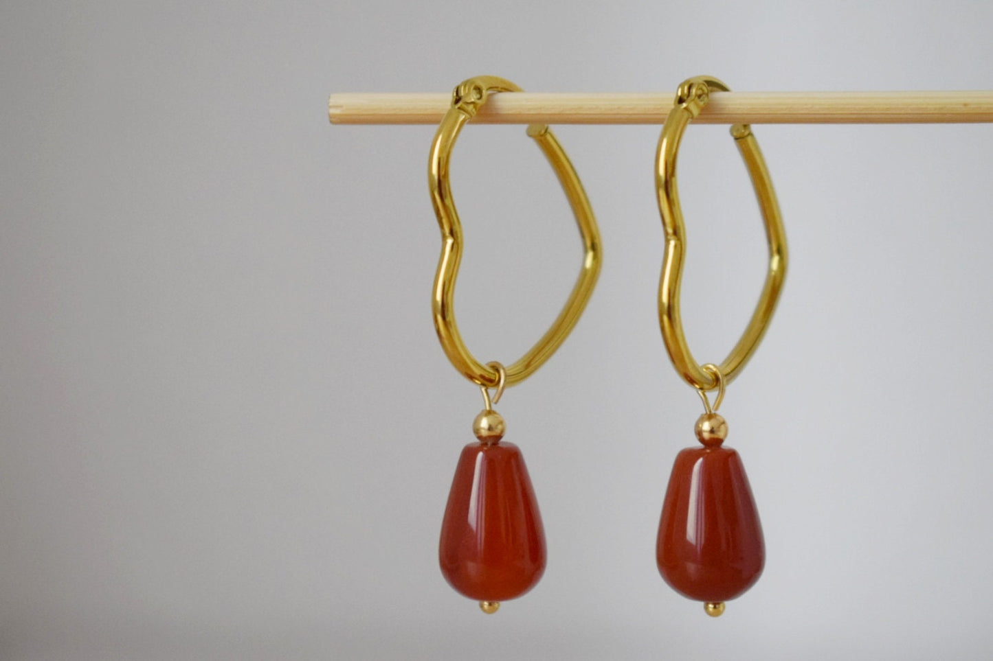 Carnelian teardrop earrings with heart hoops, Gemstone jewelry gift