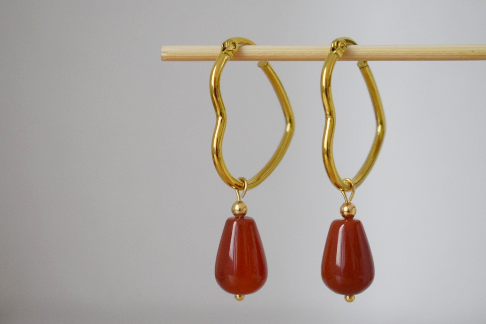 Carnelian teardrop earrings with heart hoops, Gemstone jewelry gift