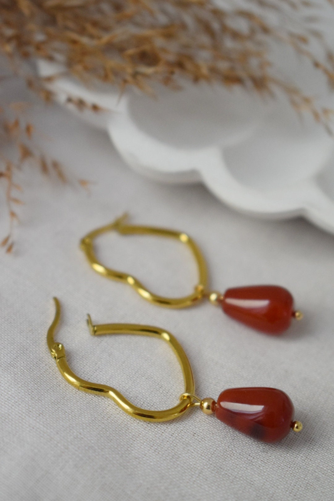 Carnelian teardrop earrings with heart hoops, Gemstone jewelry gift