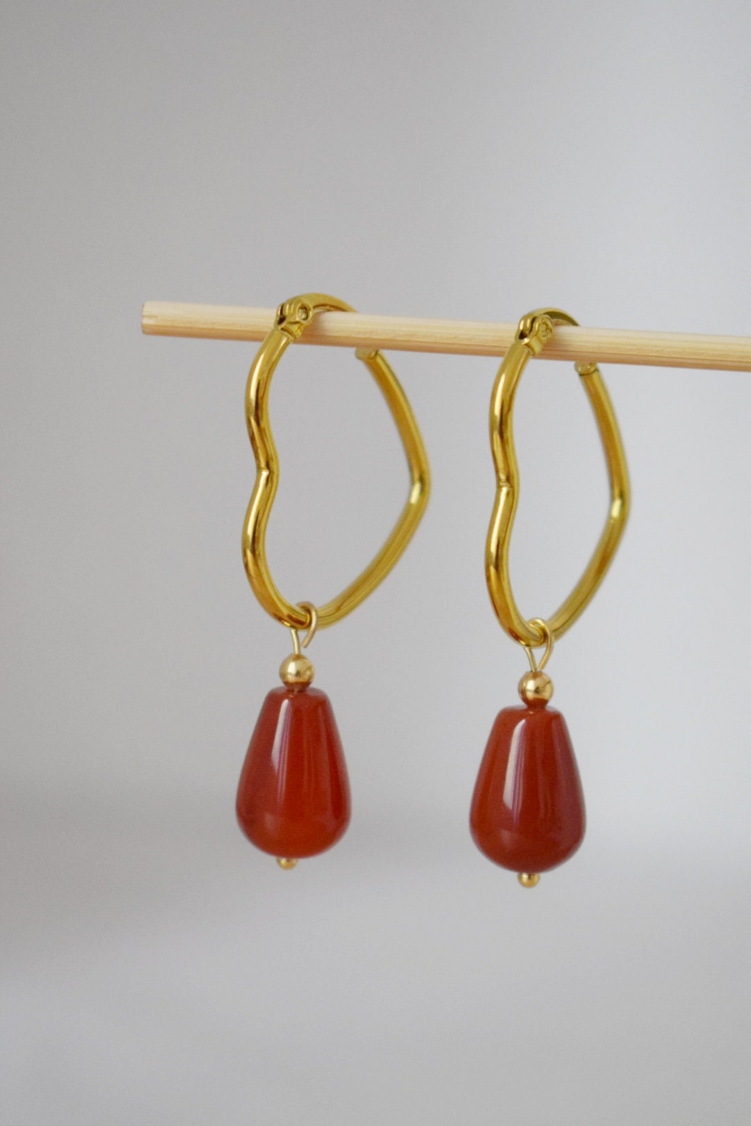 Carnelian teardrop earrings with heart hoops, Gemstone jewelry gift