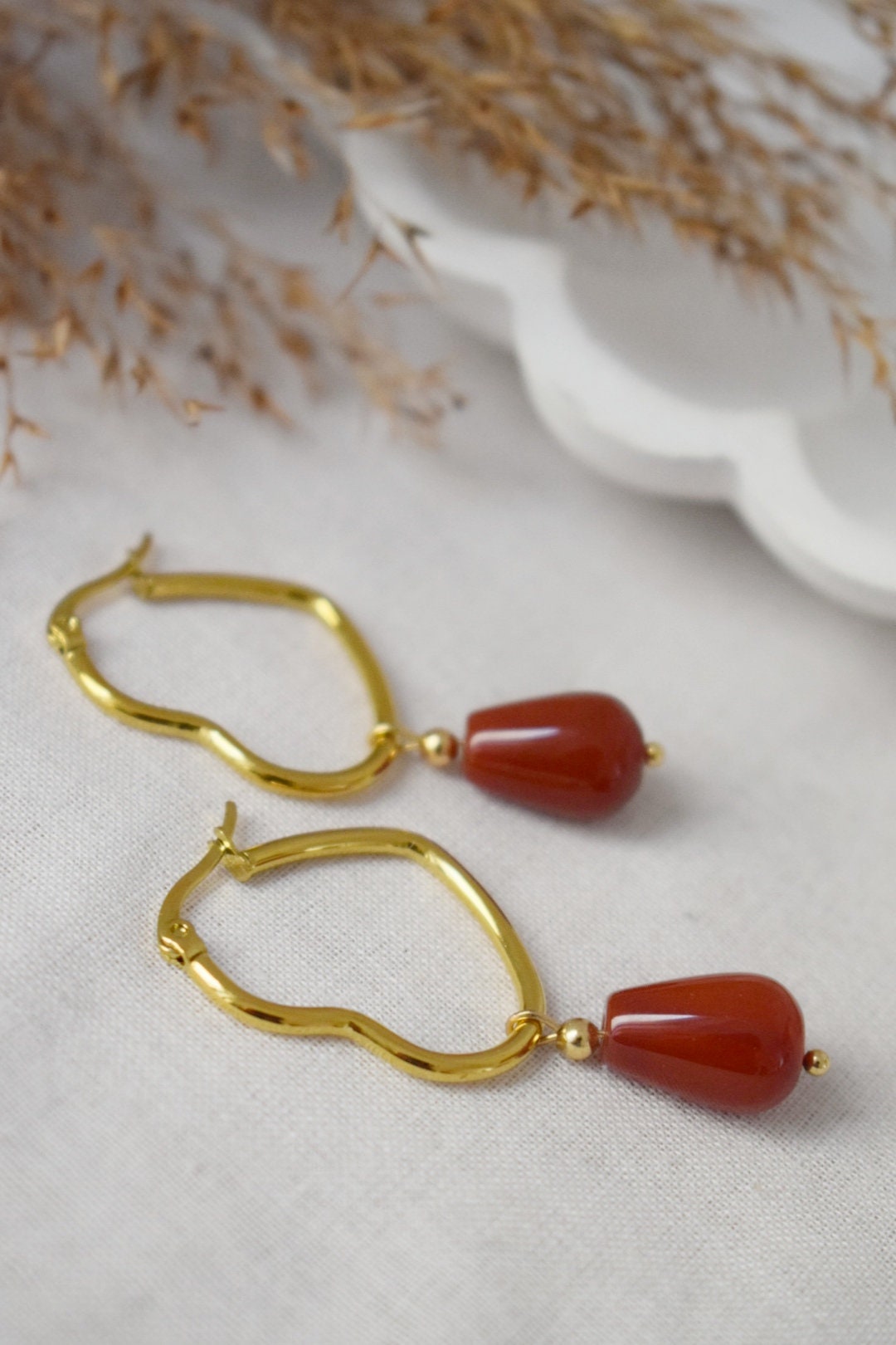Carnelian teardrop earrings with heart hoops, Gemstone jewelry gift
