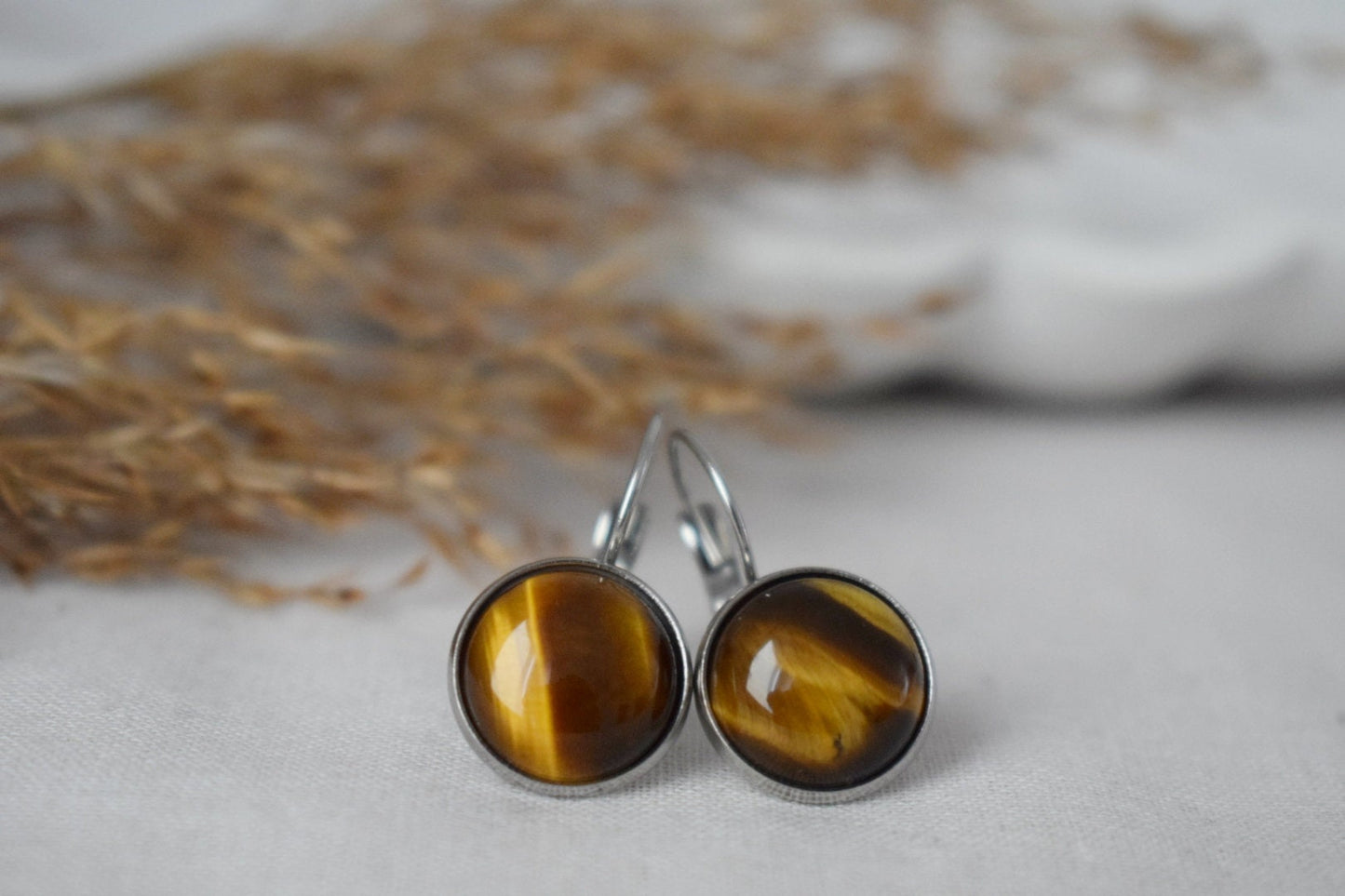 Tigerauge-Ohrhänger mit 12 mm runden Edelstahl-Ohrringen mit Hebelverschluss, Edelstein-Schmuckgeschenk für sie, Bestes Muttertagsgeschenk
