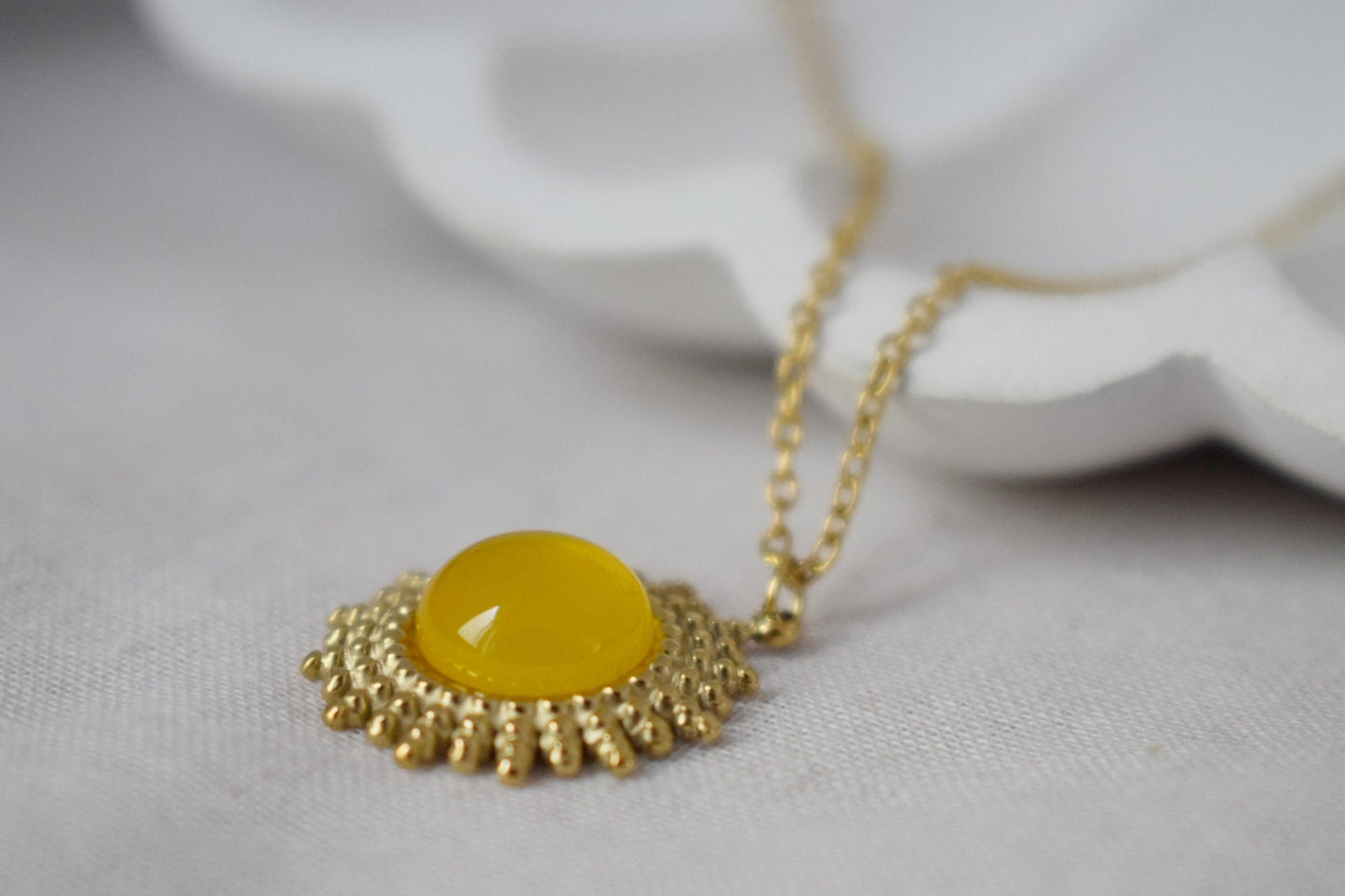 Yellow Agate Necklace: 14k Gold Plated Sun Pendant
