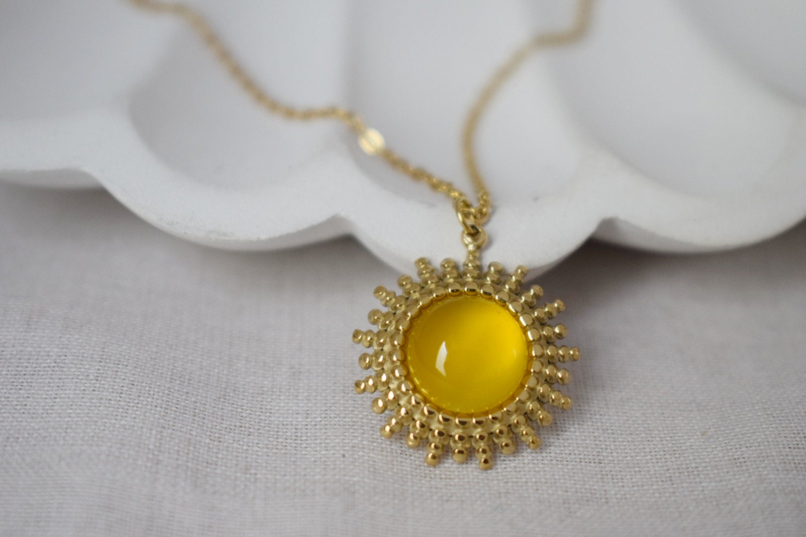 Yellow Agate Necklace: 14k Gold Plated Sun Pendant