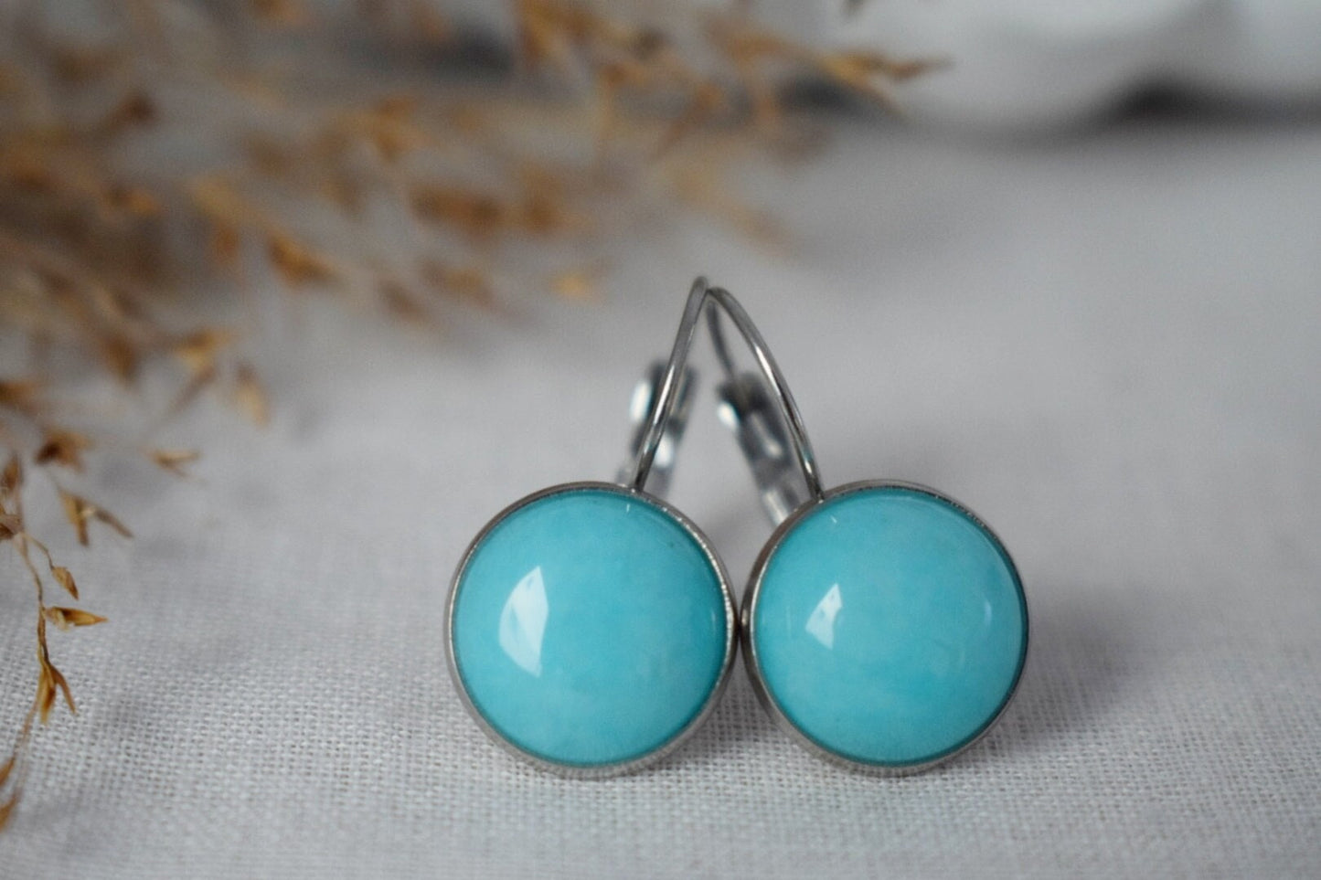 Türkisfarbene Jade-Ohrringe in 12 mm Größe, Edelstein-Hebelverschluss, Edelstahl-Schmuck, Geschenk für Sie, bestes Weihnachtsgeschenk