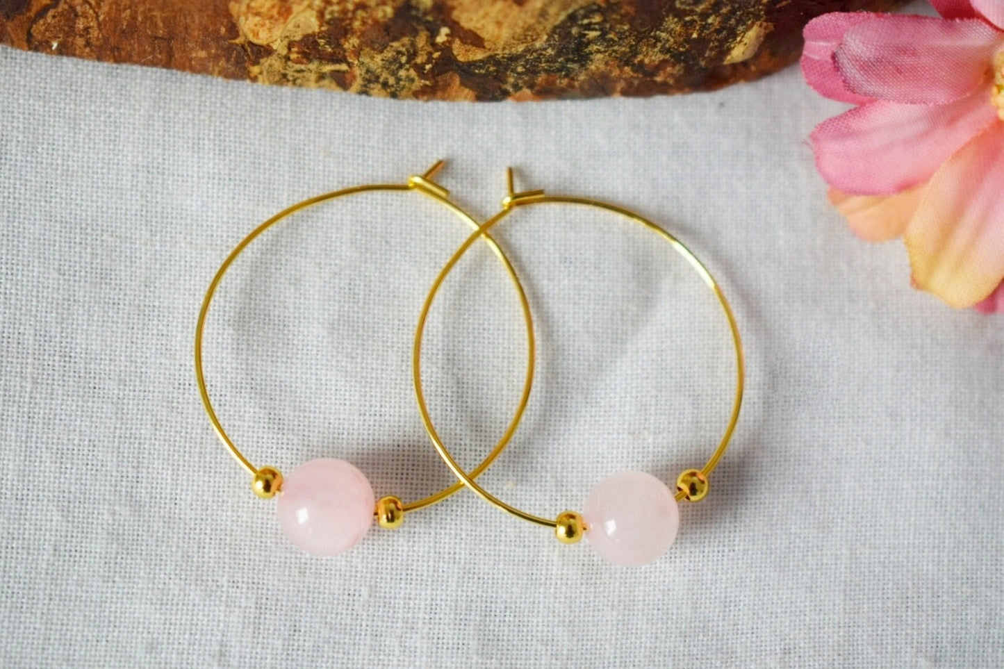 Rosenquarz Creolen, 18 Karat vergoldete chirurgische Edelstahl Creolen, Edelsteinperlen Schmuck, Geschenk für sie, Bestes Valentinstagsgeschenk