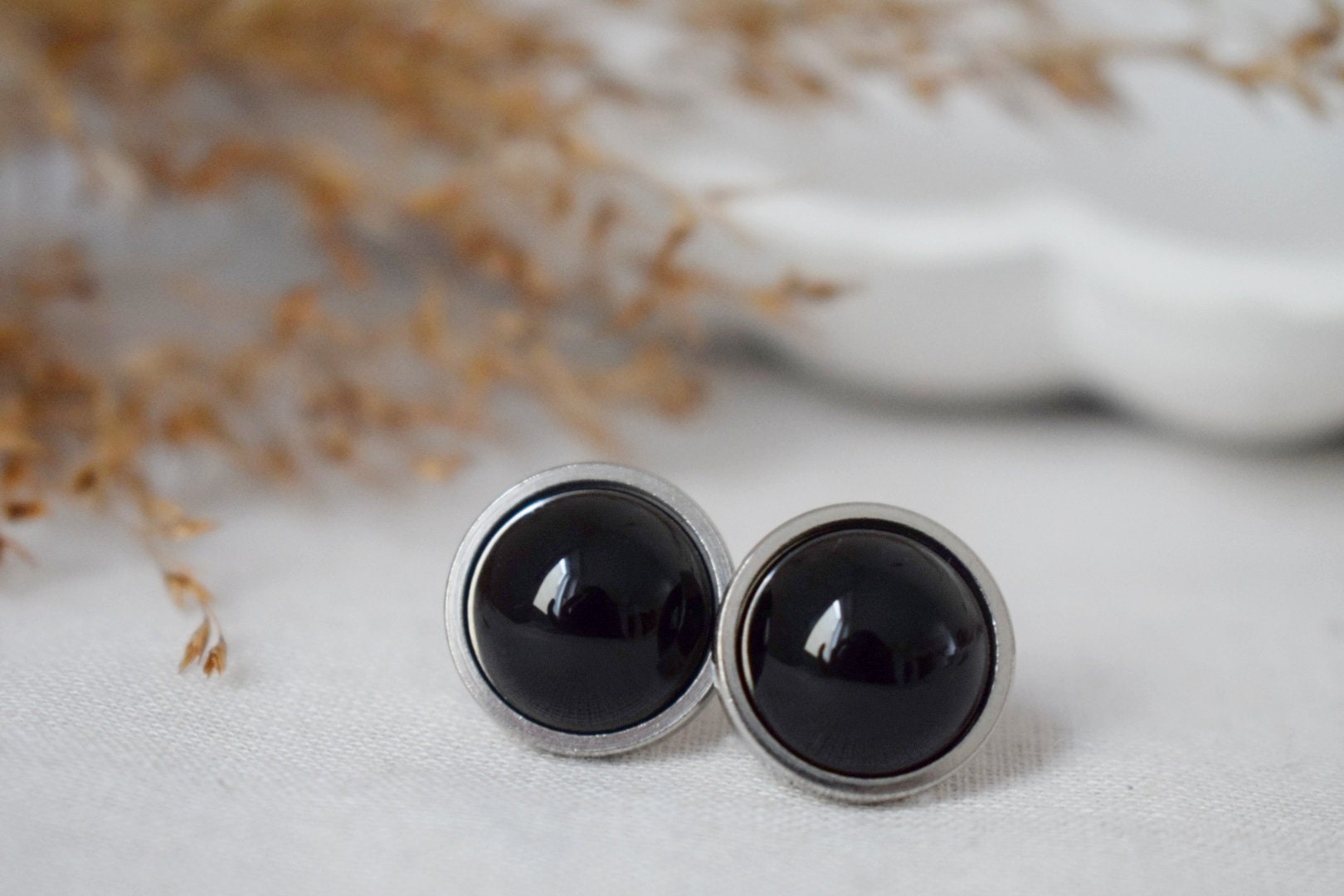 Black agate studs, Gemstone gothic jewelry, post back earrings, gift for her
