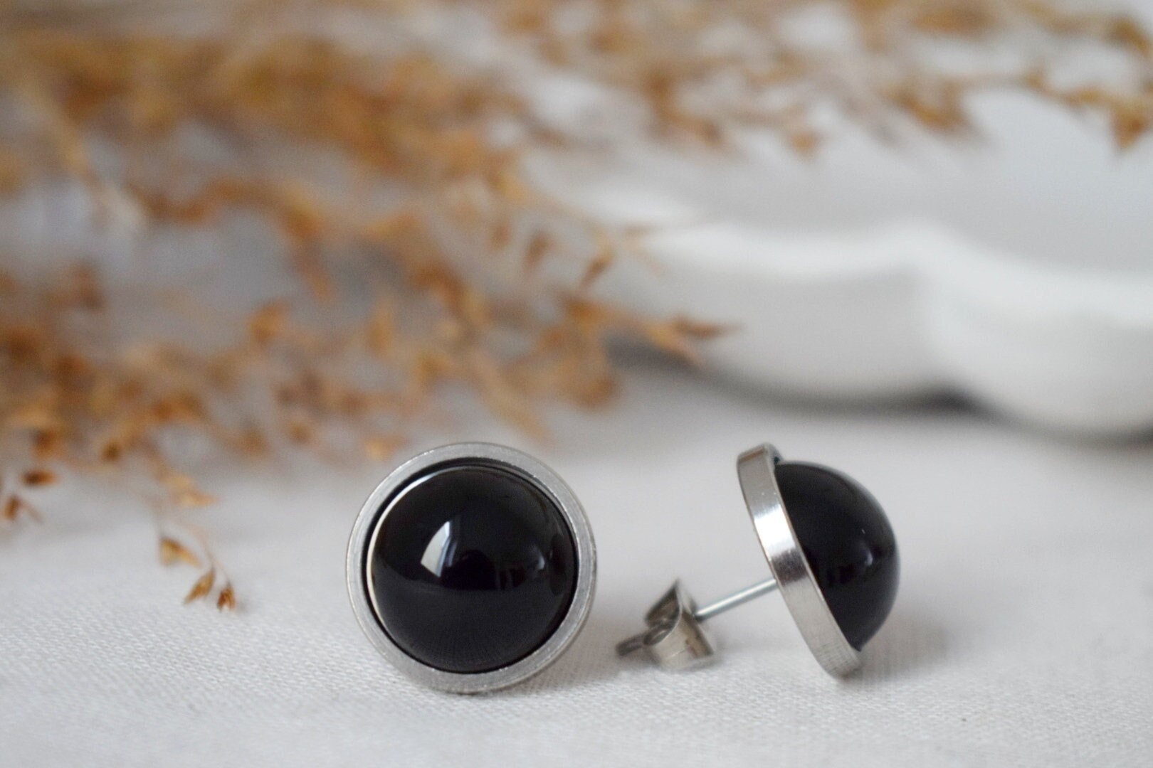 Black agate studs, Gemstone gothic jewelry, post back earrings, gift for her