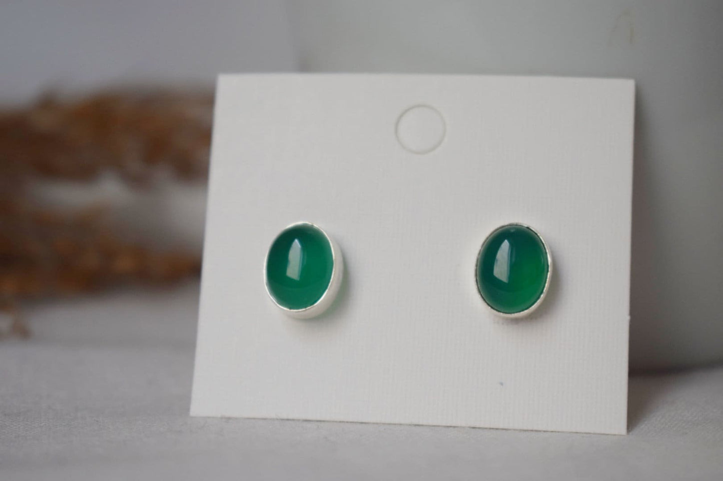 Green Onyx Stud Earrings Sterling Silver, Small Oval Gemstone Push Back Earrings, Birthstone 925 Silver Jewelry, Best valentine's day gift