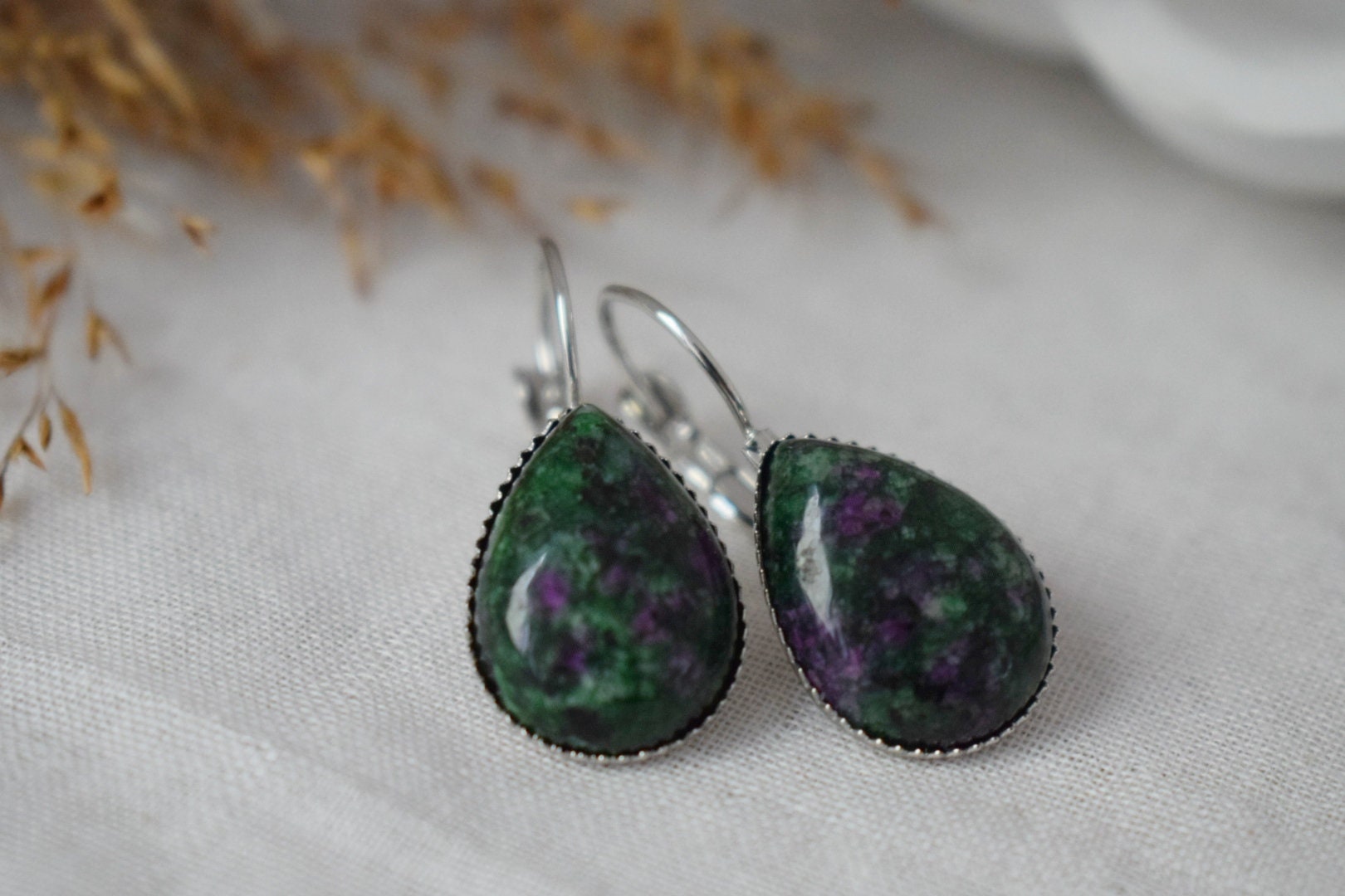 Ruby In Zoisite Earrings, Green Teardrop Gemstone Jewelry