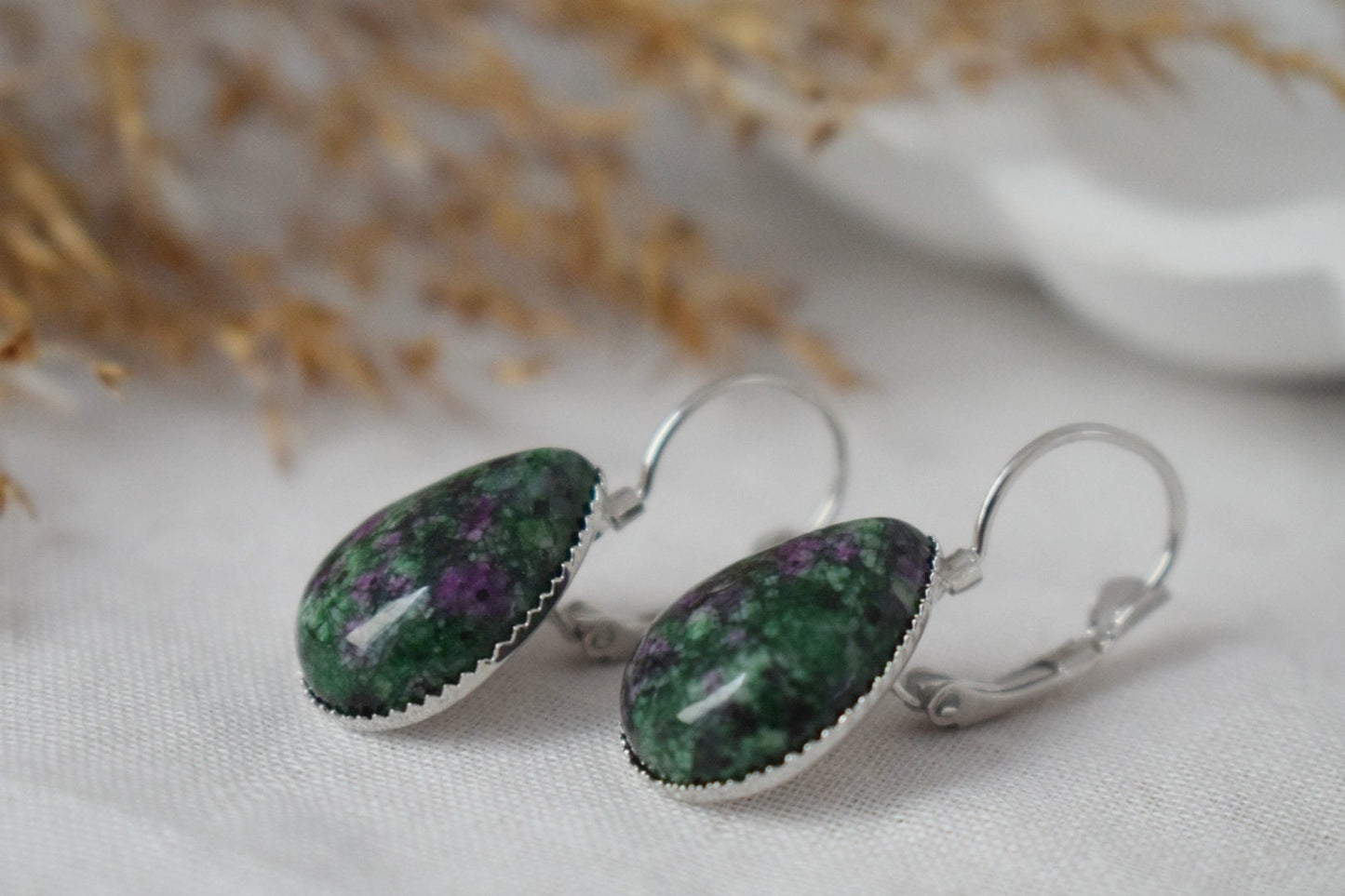 Ruby In Zoisite Earrings, Green Teardrop Gemstone Jewelry