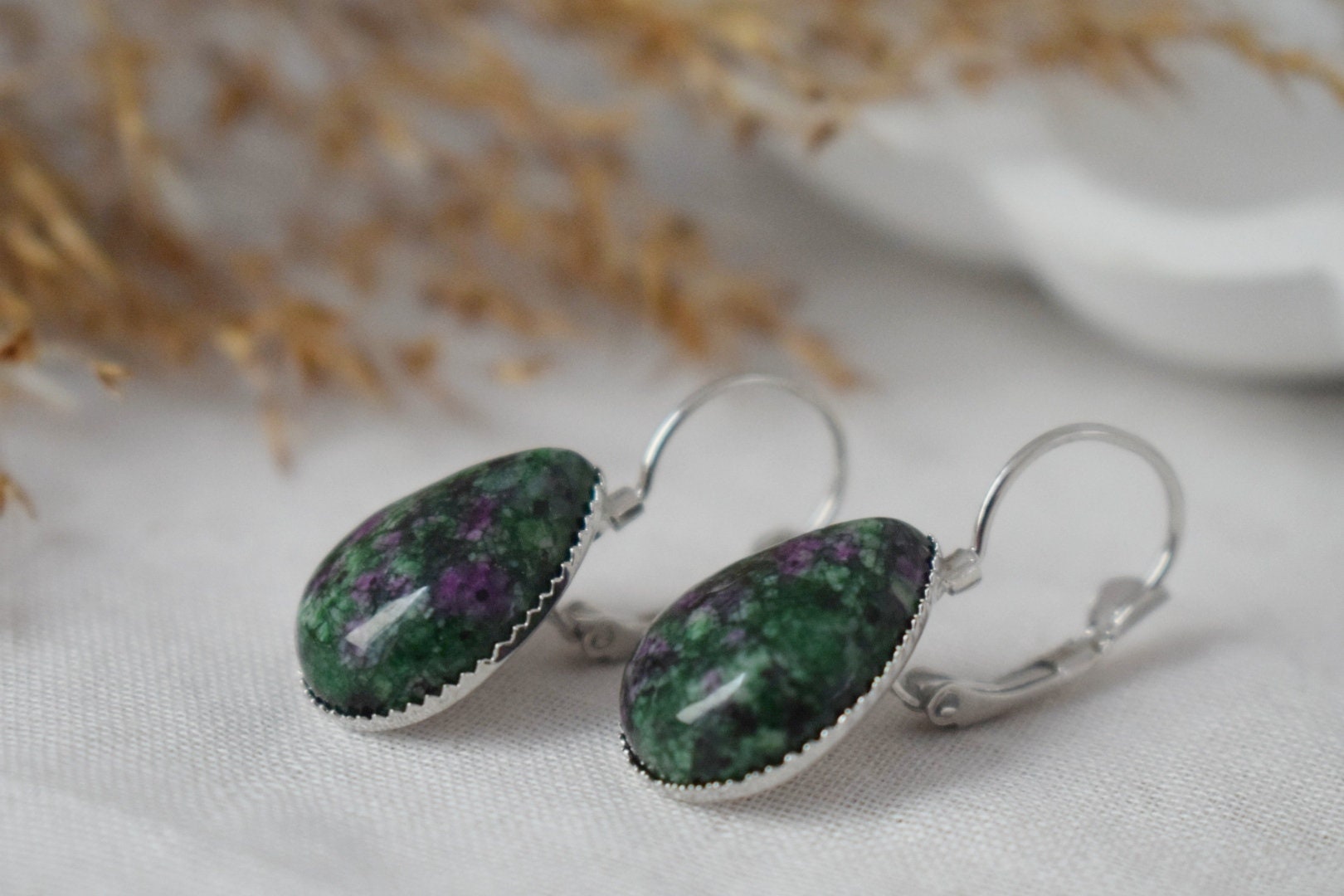 Ruby In Zoisite Earrings, Green Teardrop Gemstone Jewelry