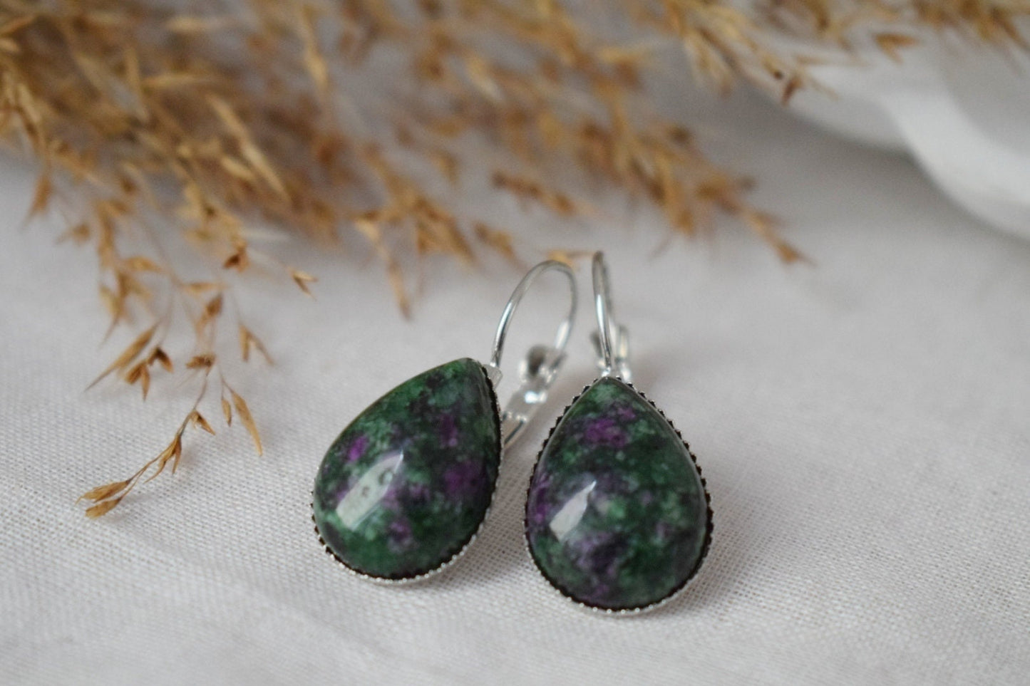 Ruby In Zoisite Earrings, Green Teardrop Gemstone Jewelry