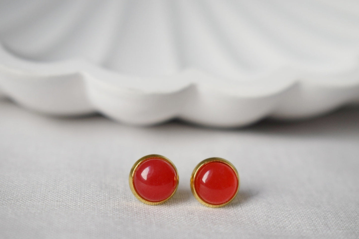 Red Jade Stud Earrings, 18k Gold Plated, Minimalist Jewelry