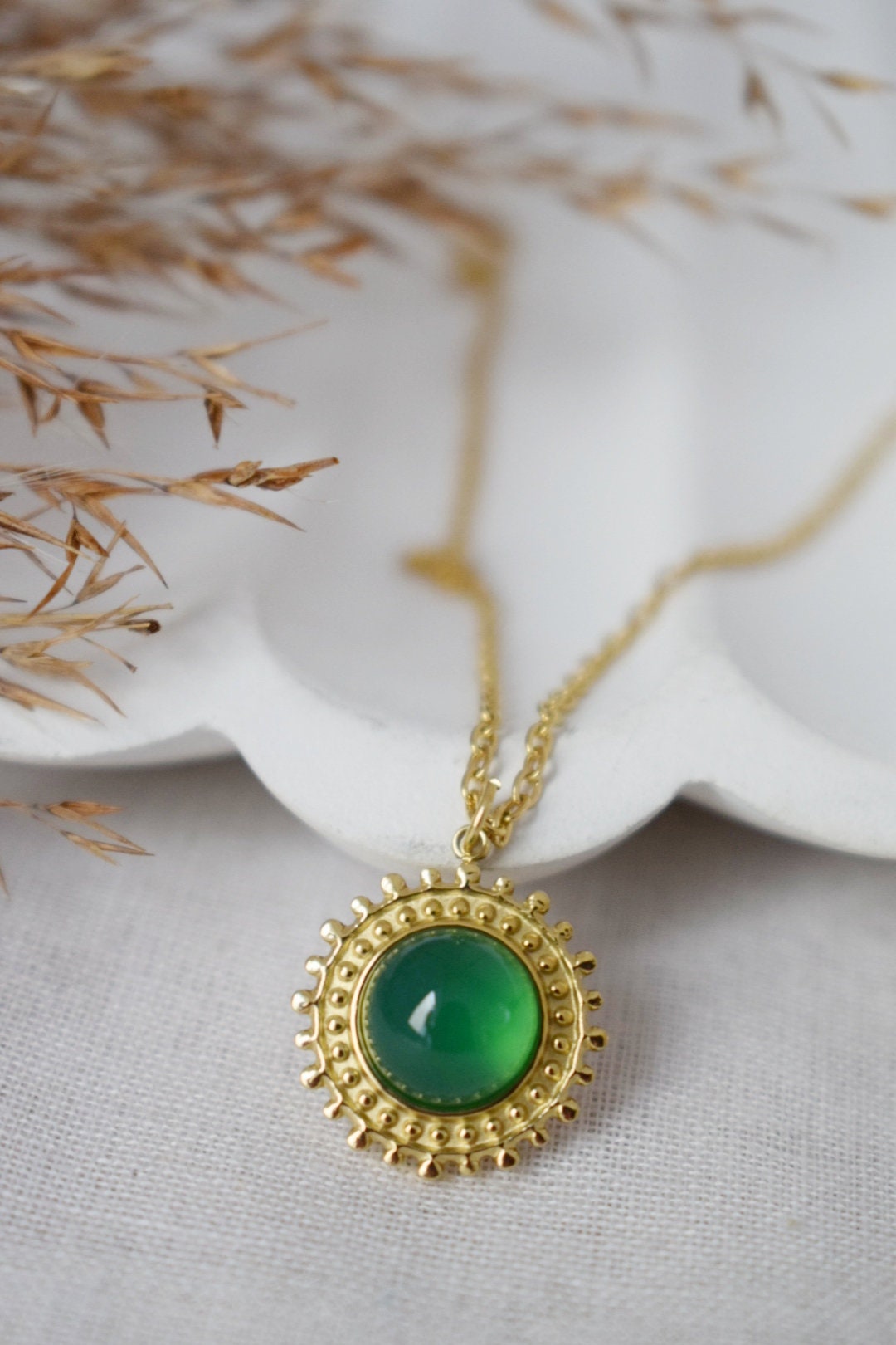 Green Agate Necklace: 14k Gold Plated Sun Pendant, Gemstone Jewelry, Gift For Her