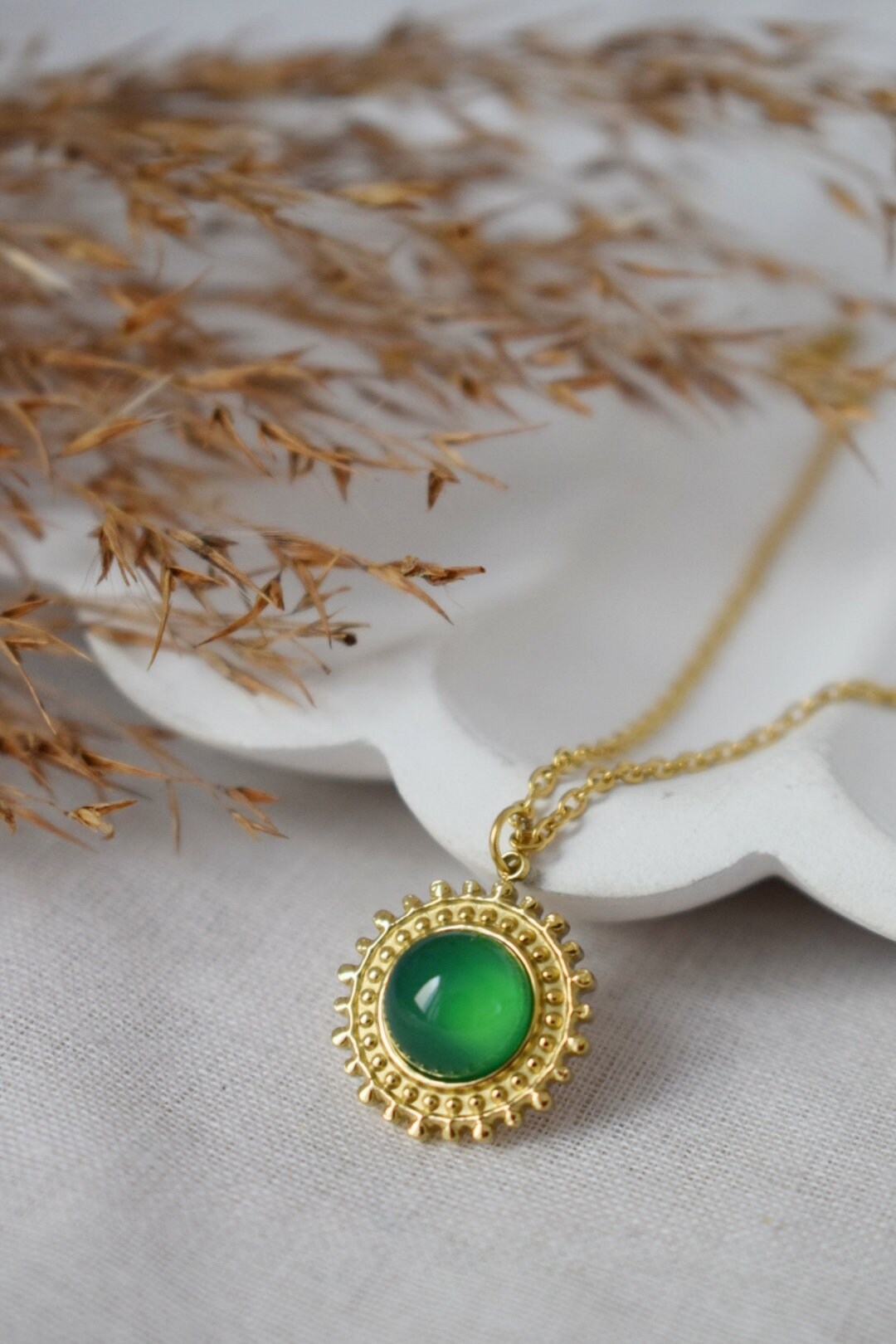 Green Agate Necklace: 14k Gold Plated Sun Pendant, Gemstone Jewelry, Gift For Her