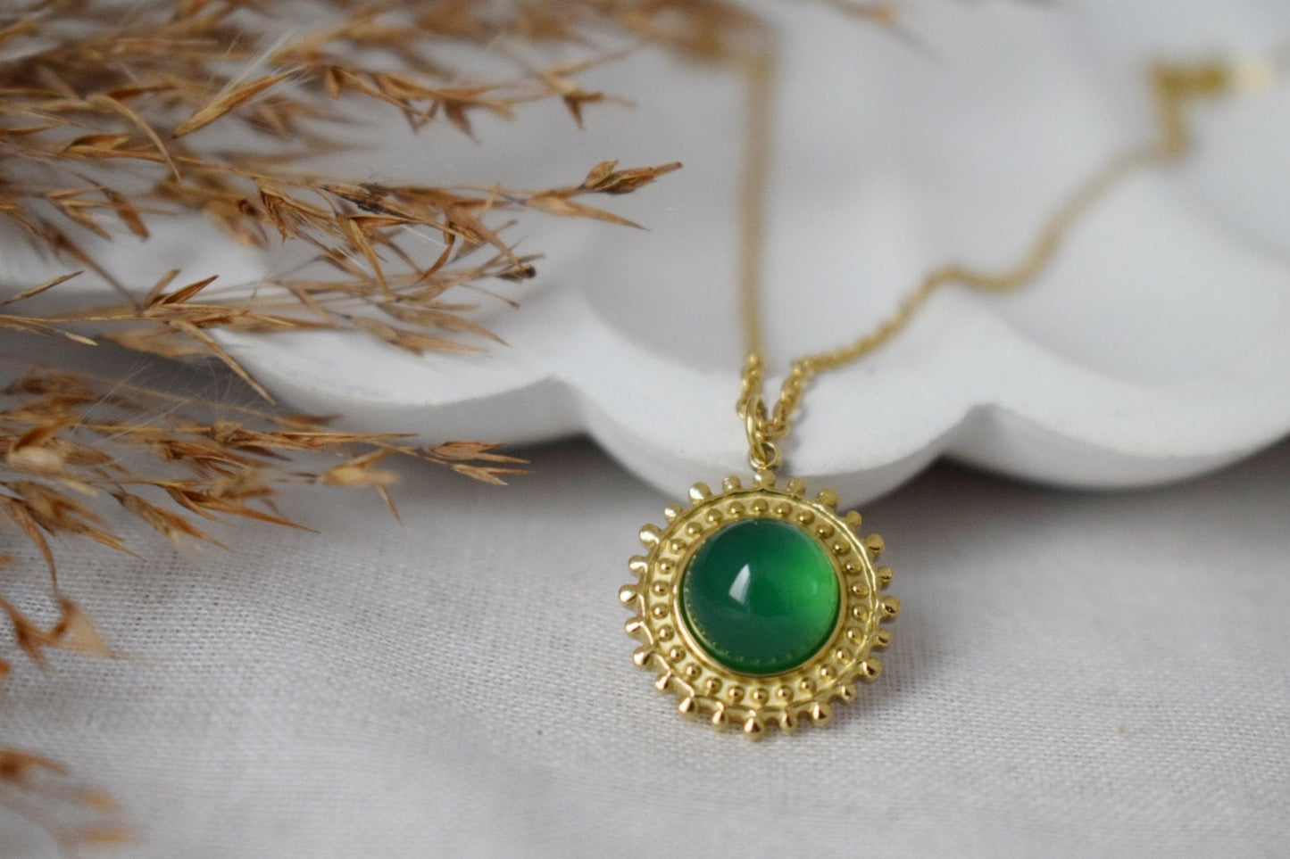 Green Agate Necklace: 14k Gold Plated Sun Pendant, Gemstone Jewelry, Gift For Her