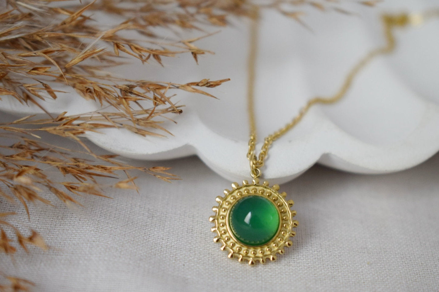Green Agate Necklace: 14k Gold Plated Sun Pendant, Gemstone Jewelry, Gift For Her