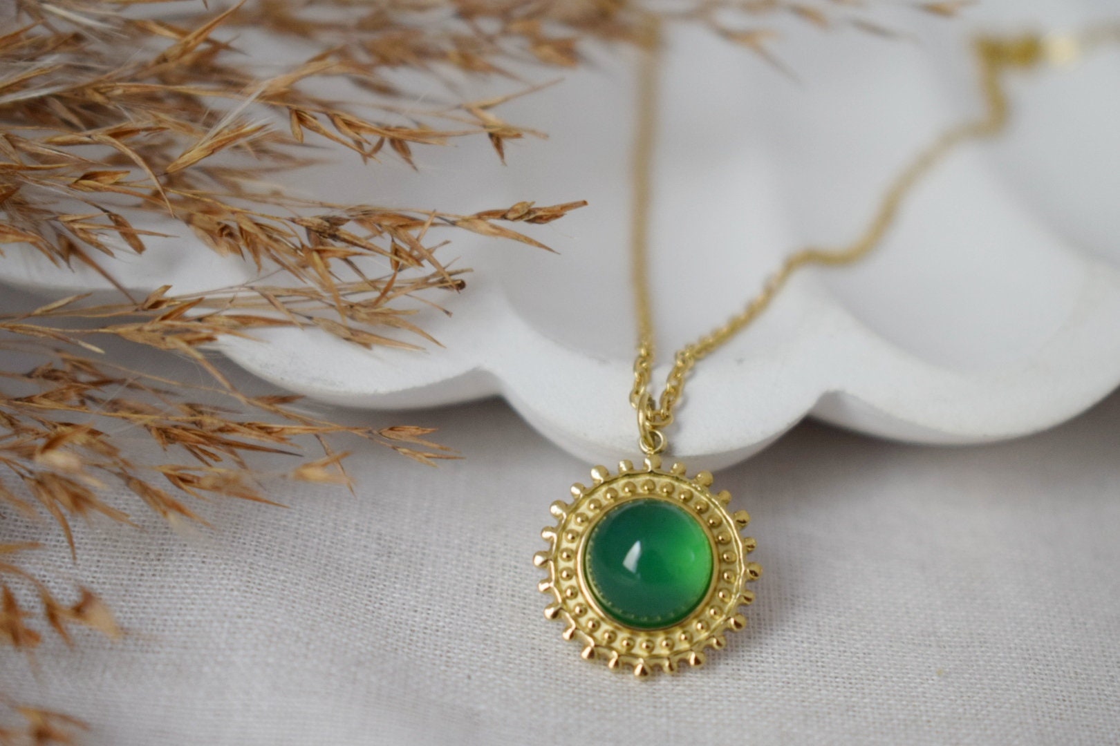 Green Agate Necklace: 14k Gold Plated Sun Pendant, Gemstone Jewelry, Gift For Her