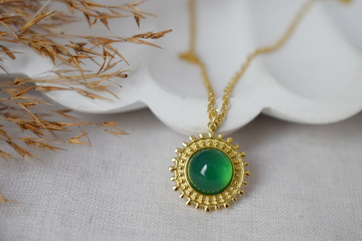Green Agate Necklace: 14k Gold Plated Sun Pendant, Gemstone Jewelry, Gift For Her
