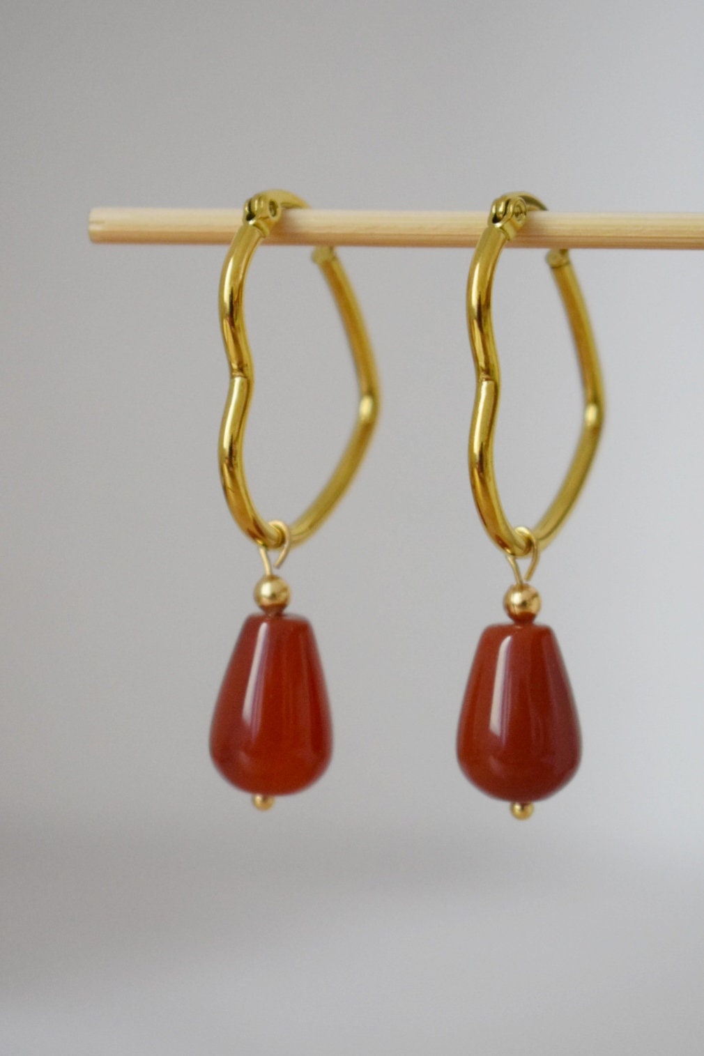 Carnelian teardrop earrings with heart hoops, Gemstone jewelry gift