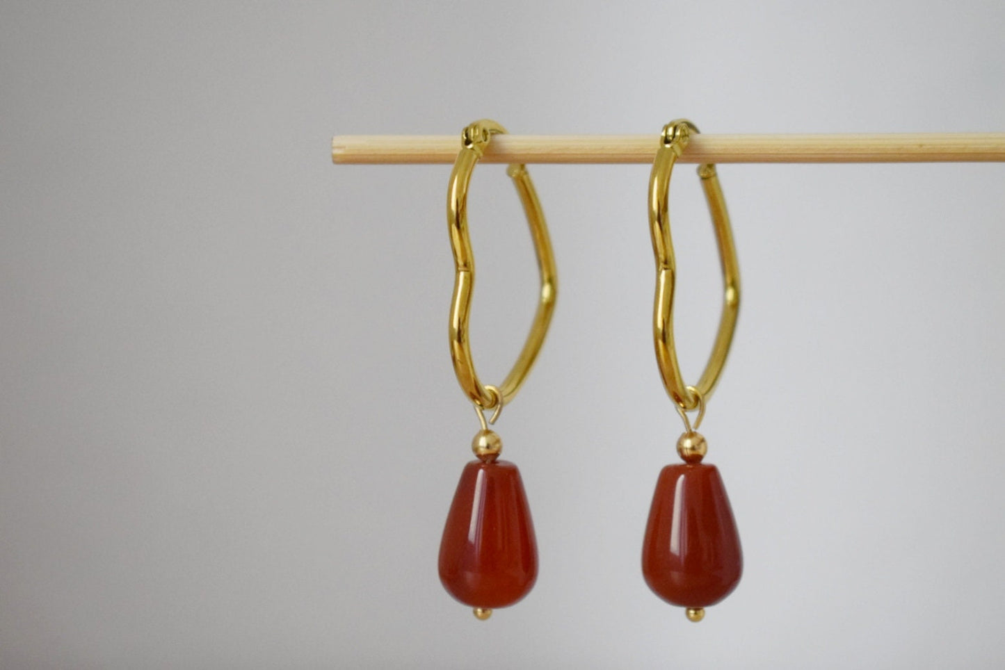 Carnelian teardrop earrings with heart hoops, Gemstone jewelry gift