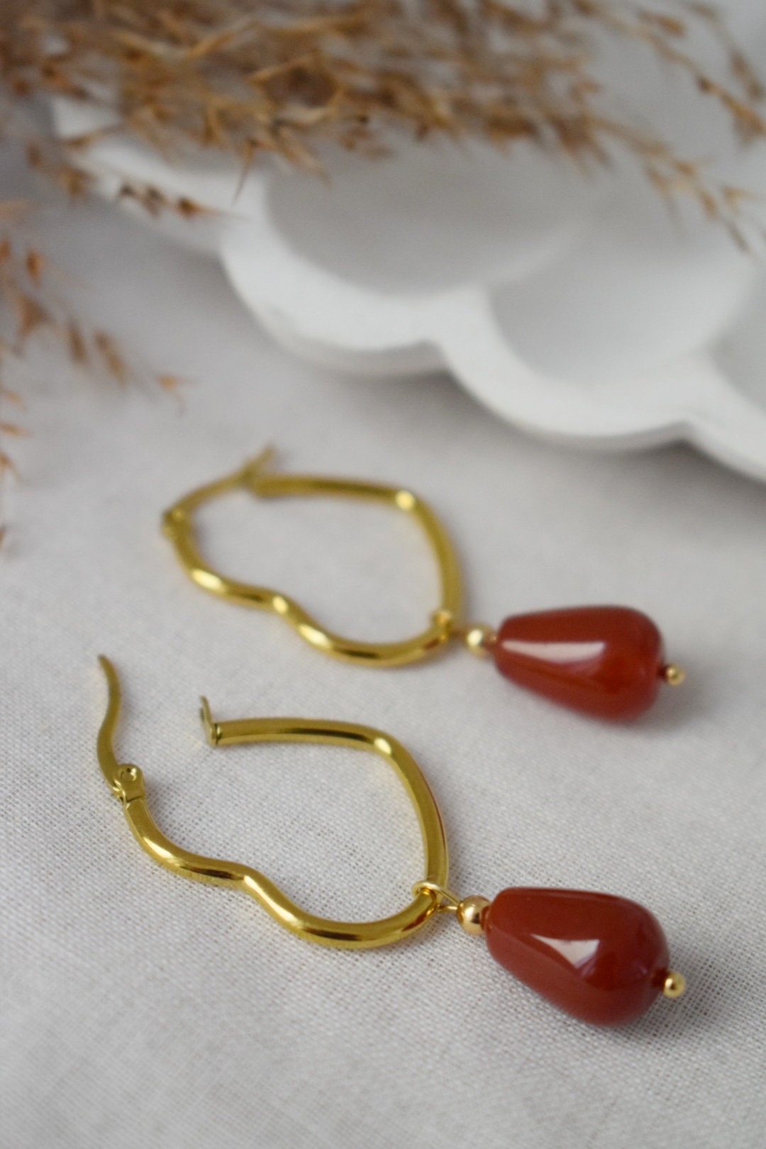 Carnelian teardrop earrings with heart hoops, Gemstone jewelry gift
