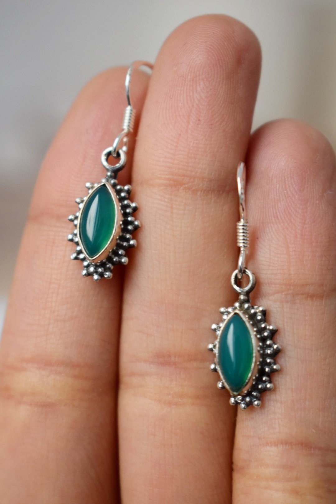 Green onyx earrings in sterling silver, Handmade gemstone dangle earrings, Boho earrings, Delicate natural green onyx earrings, Gift jewelry
