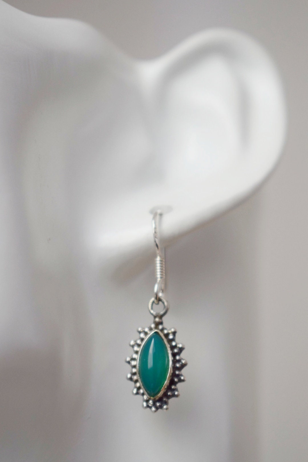 Green onyx earrings in sterling silver, Handmade gemstone dangle earrings, Boho earrings, Delicate natural green onyx earrings, Gift jewelry