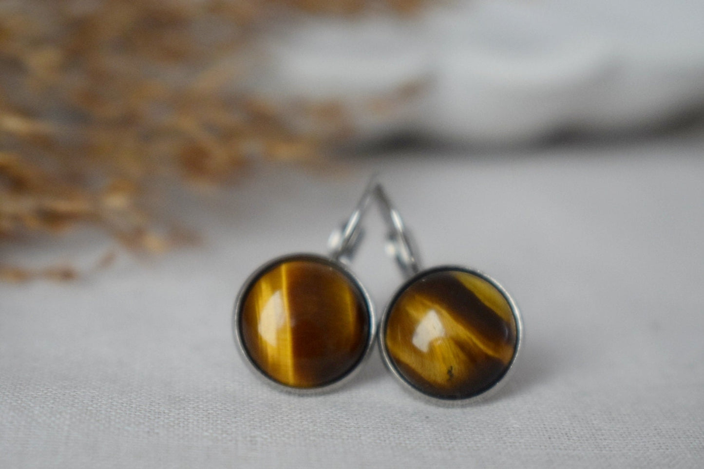 Tigerauge-Ohrhänger mit 12 mm runden Edelstahl-Ohrringen mit Hebelverschluss, Edelstein-Schmuckgeschenk für sie, Bestes Muttertagsgeschenk
